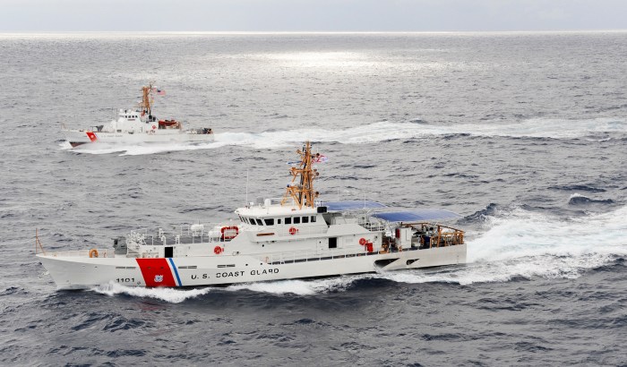 MIAMI Ñ The Coast Guard Cutter Nantucket keeps pace with Miami's newest cutter, the Bernard C. Webber, during its arrival at Coast Guard Sector Miami Feb. 9, 2012. The Webber is named after Coast Guard hero Bernard C. Webber, who is credited for his assistance during the rescue of 33 of the tanker vessel Pendleton's 34 crewmembers. U.S. Coast Guard photo by Petty Officer 1st Class Jennifer Johnson.