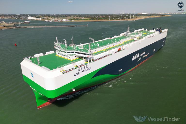 Buque de carga llamado ANJI FOREVER navegando en aguas costeras con un diseño de color verde y azul.