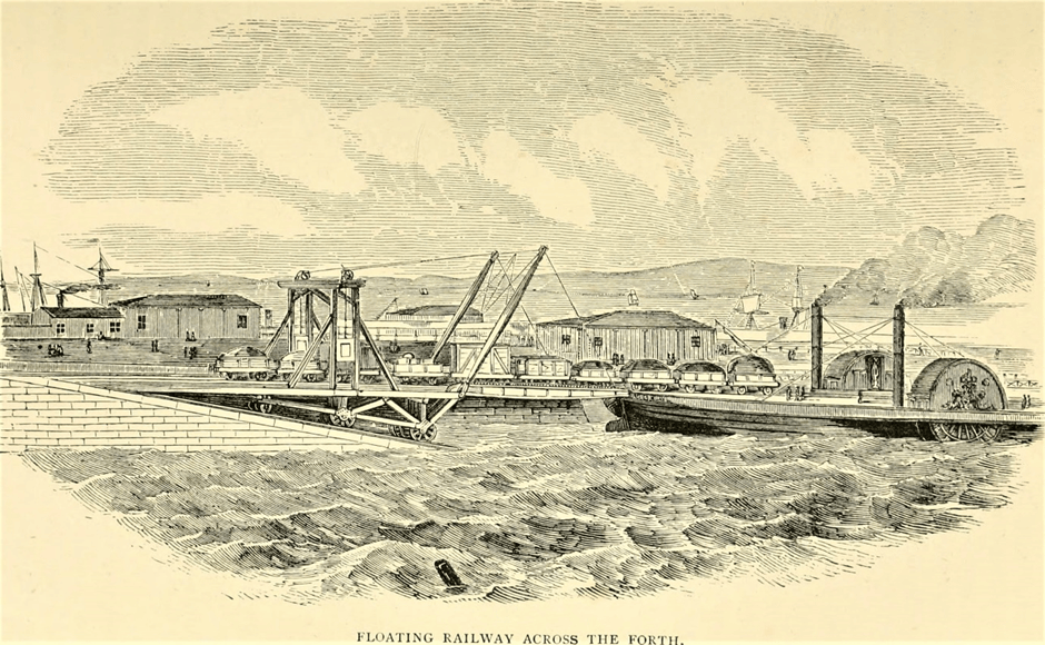 Ilustración de un ferrocarril flotante cruzando el Forth, con embarcaciones y edificios al fondo.