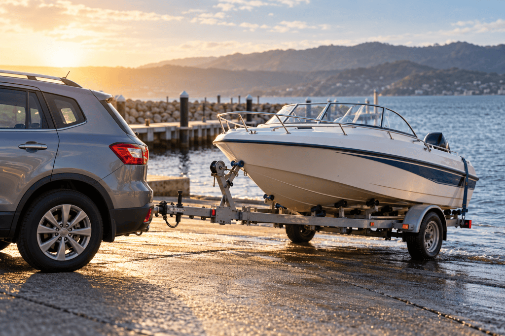 Un vehículo SUV gris remolcando un bote en un muelle durante el atardecer.
